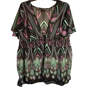 Lane Bryant Womens Popover‎ Shirt Top Plus Size 26/28 Deep V Semi Sheer Smocked
